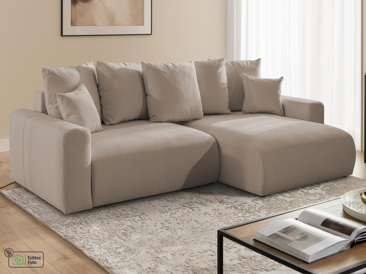 ECKSOFA Calma mit Schlaffunktion und Bettkasten im Bumpy-Design aus weichem Greige Webstoff - Ottomane rechts - Greige/Schwarz, Holz/Kunststoff (140/239cm) - S-Style