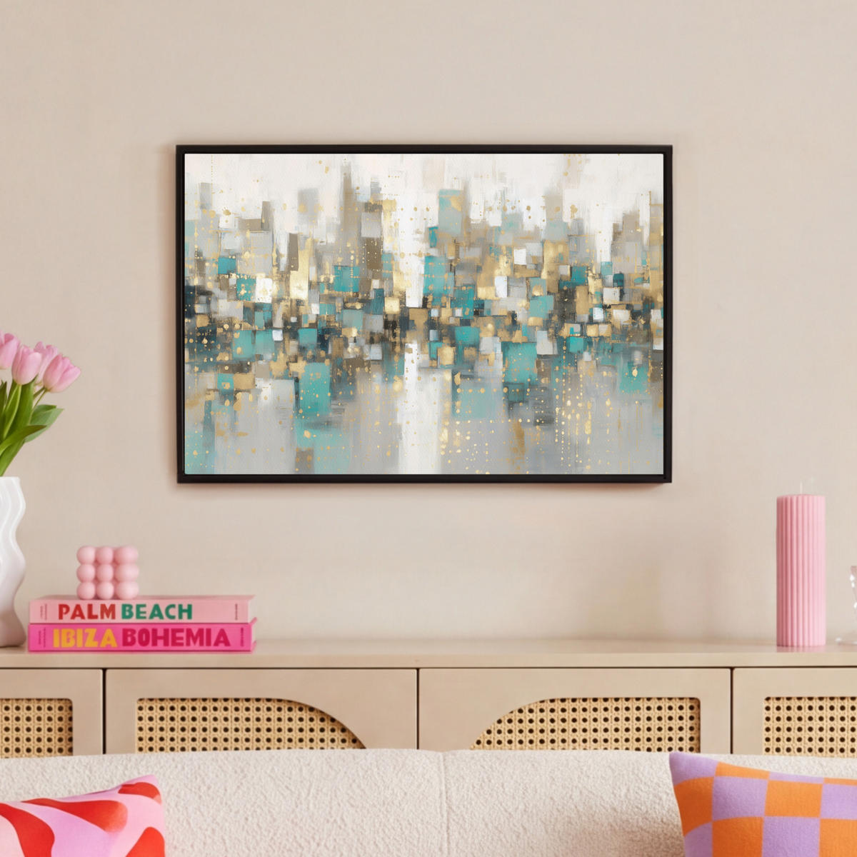 LEINWAND Bilder mit Rahmen - Abstrakt - Blöcke - Gold - Skyline - 60x40 - Beige, Textil (60/40cm) - MuchoWow