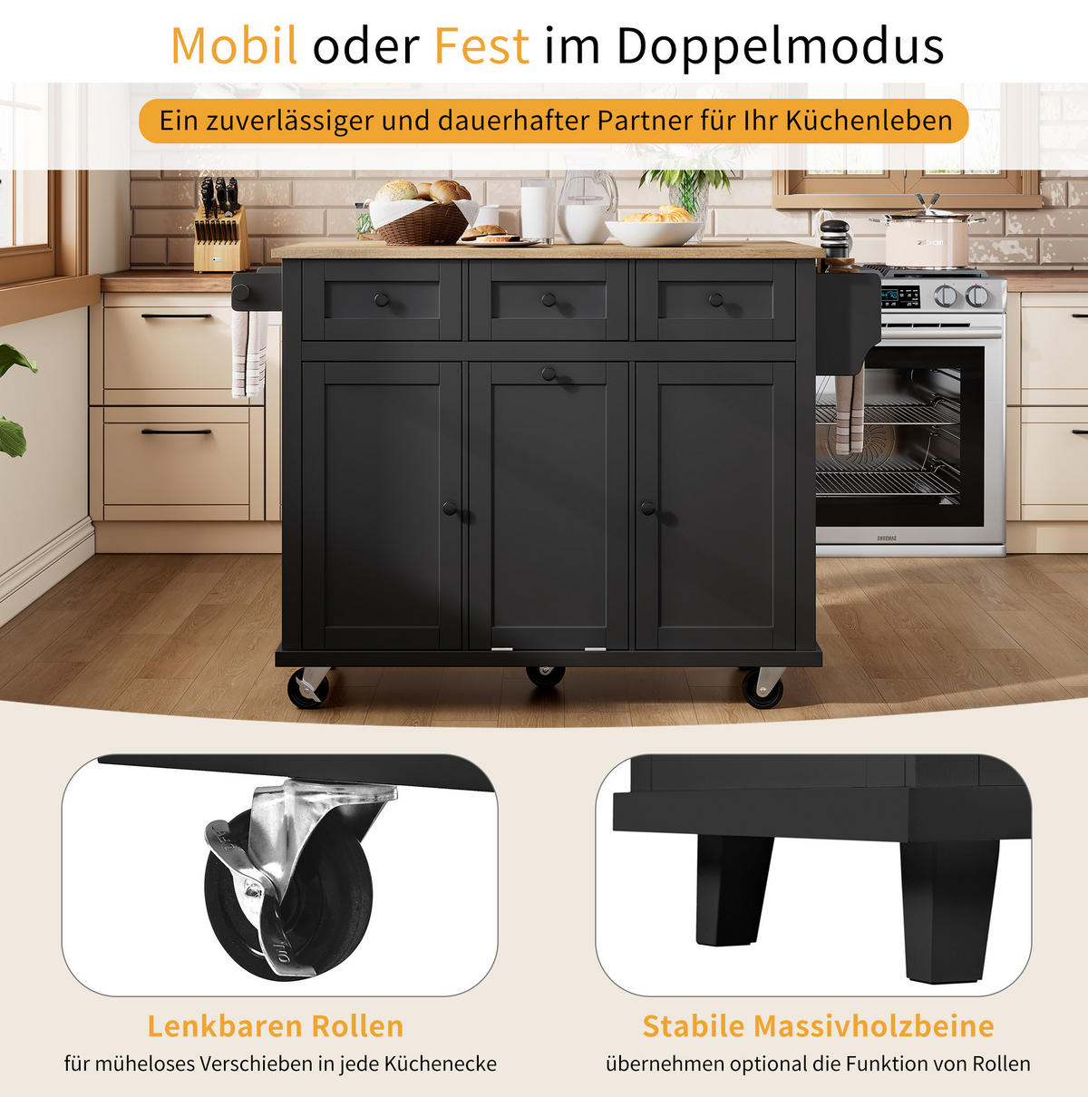 KÜCHENINSEL 112/92,7/46,2-76,2 cm Schwarz/Natur aus MDF mit ausziehbarer Arbeitsplatte - Schwarz, Holzwerkstoff (46.2/92.7/131.2cm) - OKMYHOME