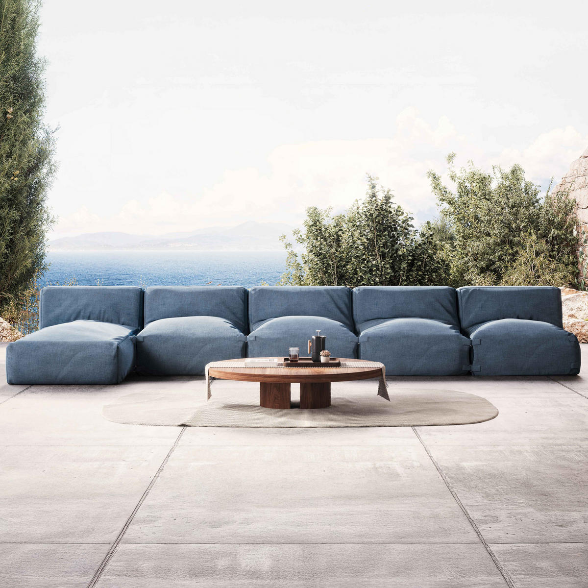 GARTENSOFA mit 5 Sitzplätzen, Pazifikblau - Blau, Textil - Oviala
