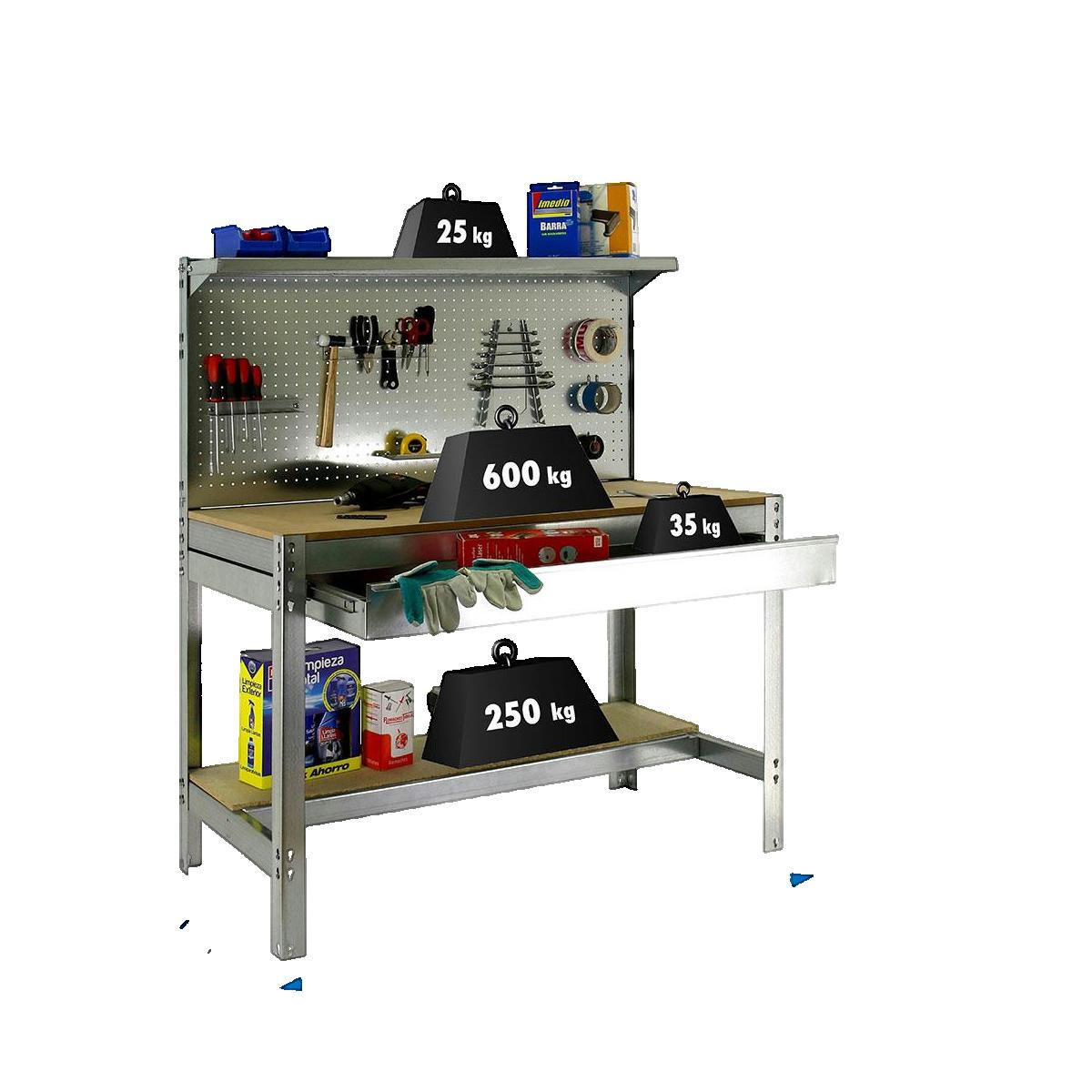 WERKBANK BUFFALO mit Werkzeugwand, Schubfach und Ablage | HxBxT 84x150x61cm | Traglast 600kg | Verzinkt - Silberfarben, Metall (151/144.5/61cm) - PROREGAL