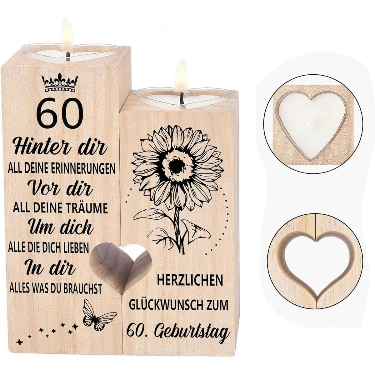 KERZENSTÄNDER 60. Geburtstag Holz 10 x 4,5 x 12 cm - Hellbraun, Holz (12cm)