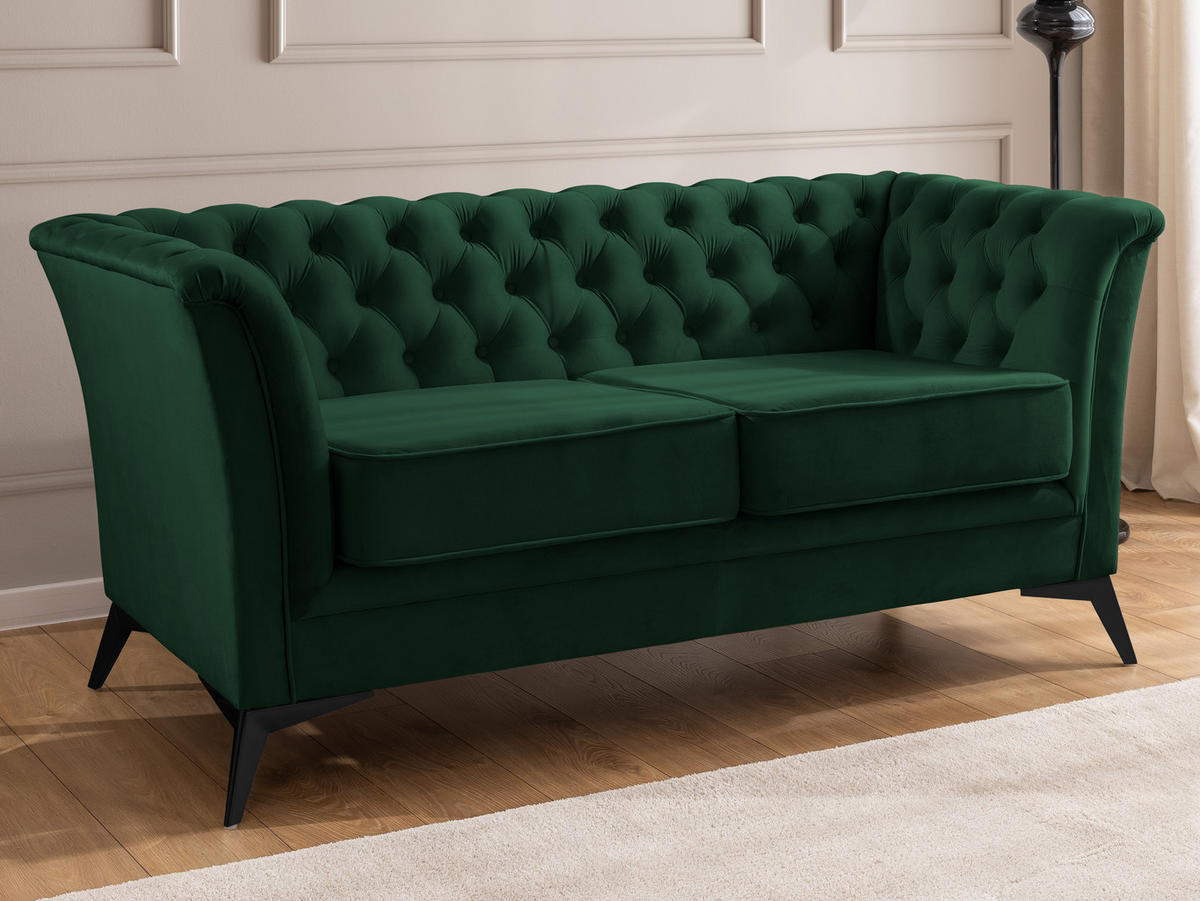 CHESTERFIELD-SOFA 2-sitzer Whitby Flaschengrün Samt mit schwarzen Füßen - Dunkelgrün/Schwarz, Holz/Textil (175/78/82cm) - S-Style Möbel