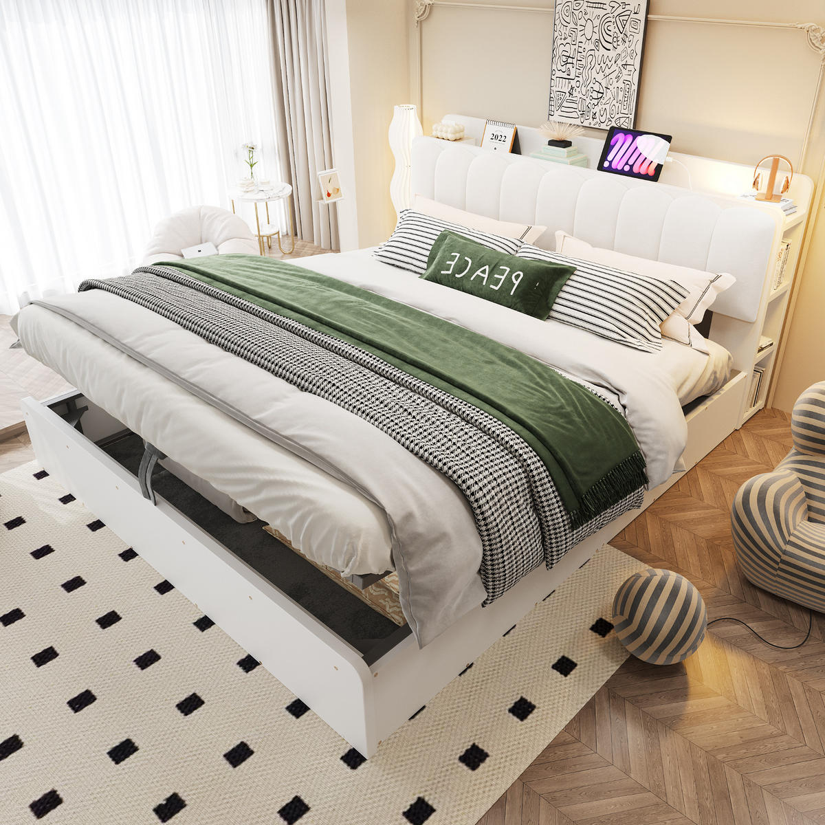 BETT 180/200 cm in Weiß mit Bettkasten, USB, Steckdose und Ablage - Weiß, Holzwerkstoff/Textil (180/200cm) - STILVORA