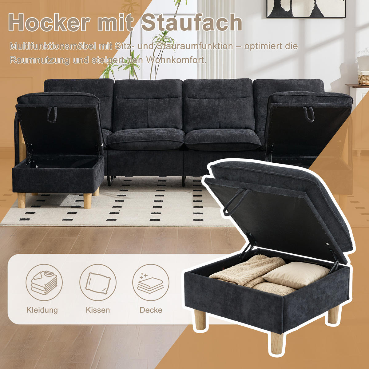 SOFA 261/77/86 cm in Schwarz aus Chenille mit 2 Hockern und Stauraum - Schwarz, Textil (77/86/261cm) - Flora Grace