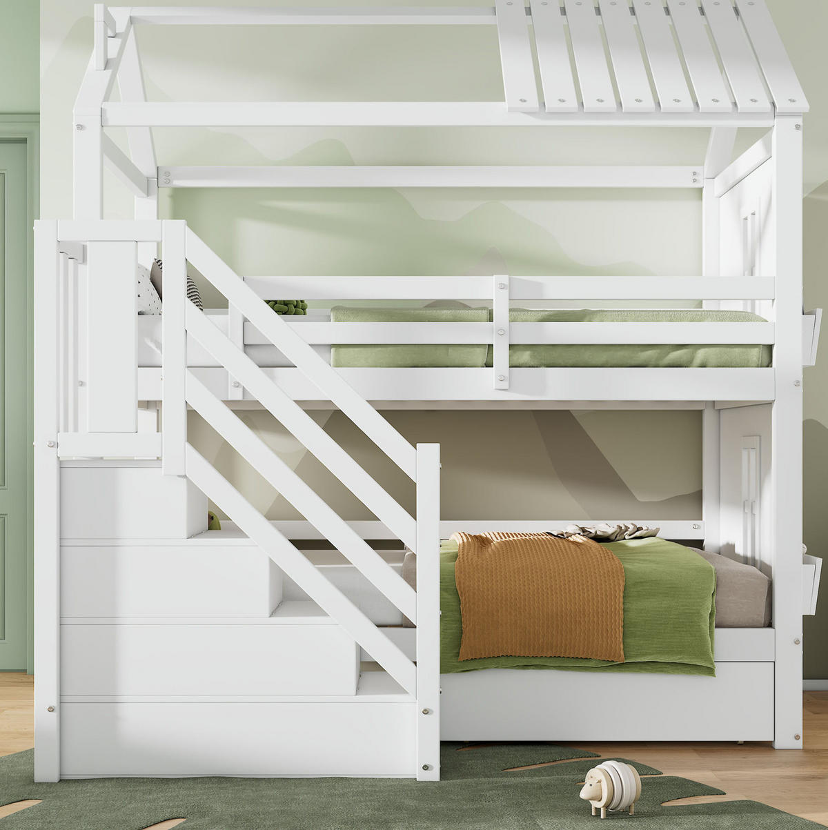 HAUSBETT 90/200 cm in Weiß mit Stauraumtreppe, Schubladen und Regalen - Weiß, Holz (90/200cm) - Flora Grace