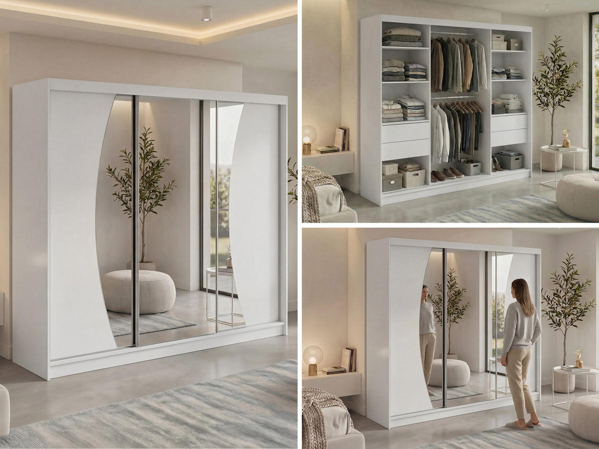 SCHWEBETÜRENSCHRANK mit Schubladen 240 - VERONA - Weiß mit Spiegel - Alufarben/Weiß, Holzwerkstoff/Metall (240/216/61cm) - MKS