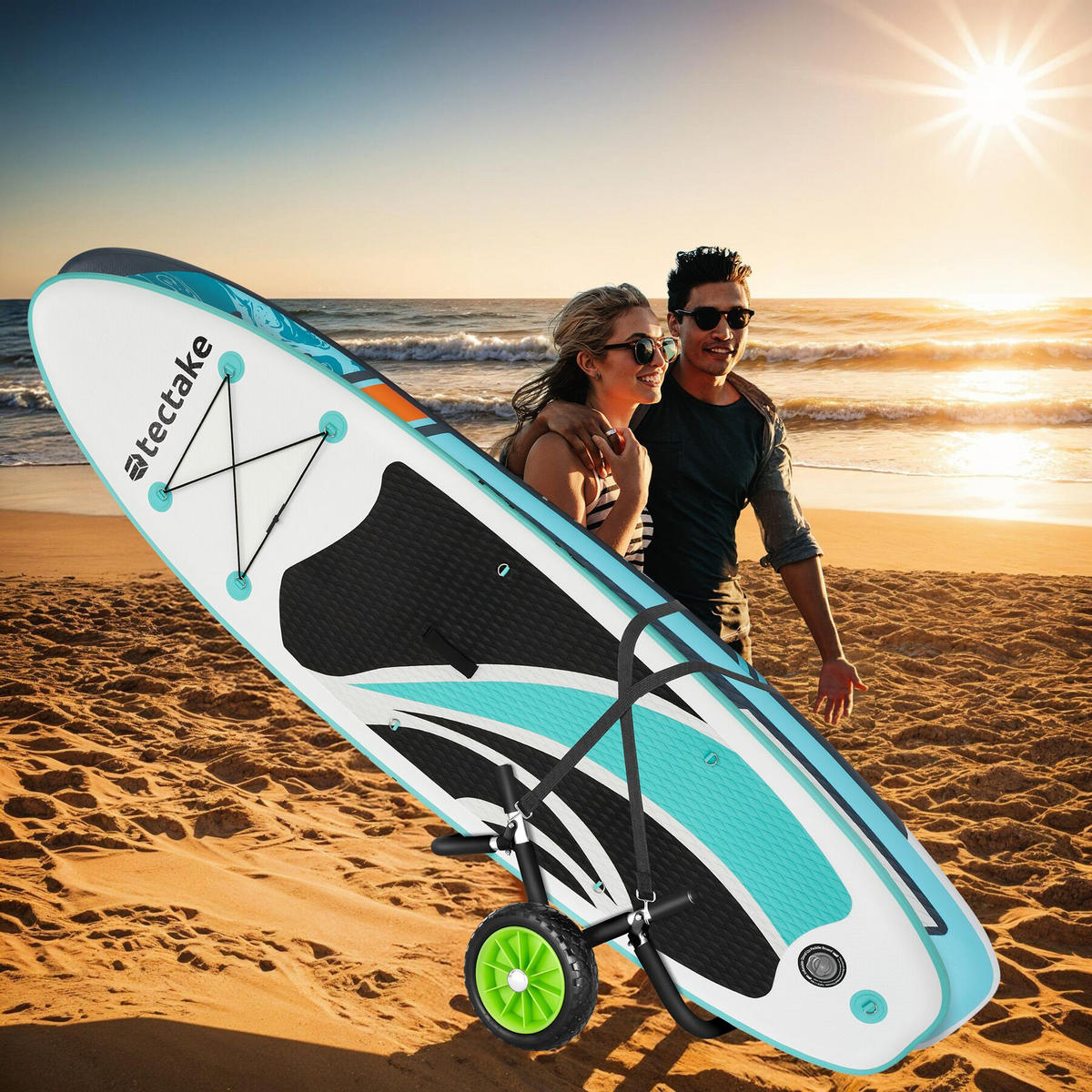 SURFBOARD TRANSPORTWAGEN Wavewheel,inkl. 2 Sicherungsgurte, 62 x 53 x 49 cm,schwarz/grün - Schwarz/Grün, Metall (53/62/0.49cm) - tectake