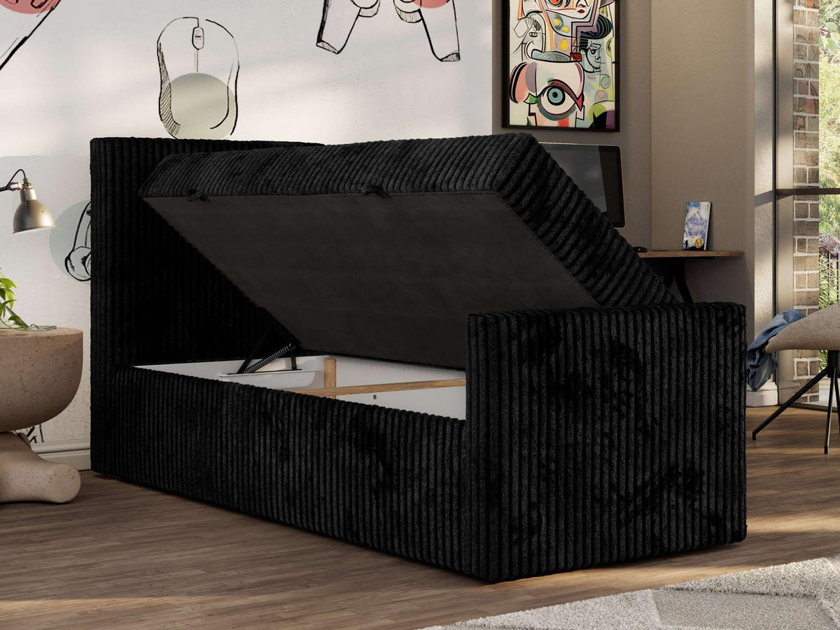 JUGENDBETT TILIO DUO 90/200 - Schwarz Cord - H4 - Links Seite - Schwarz, Textil (90/200cm) - MKS