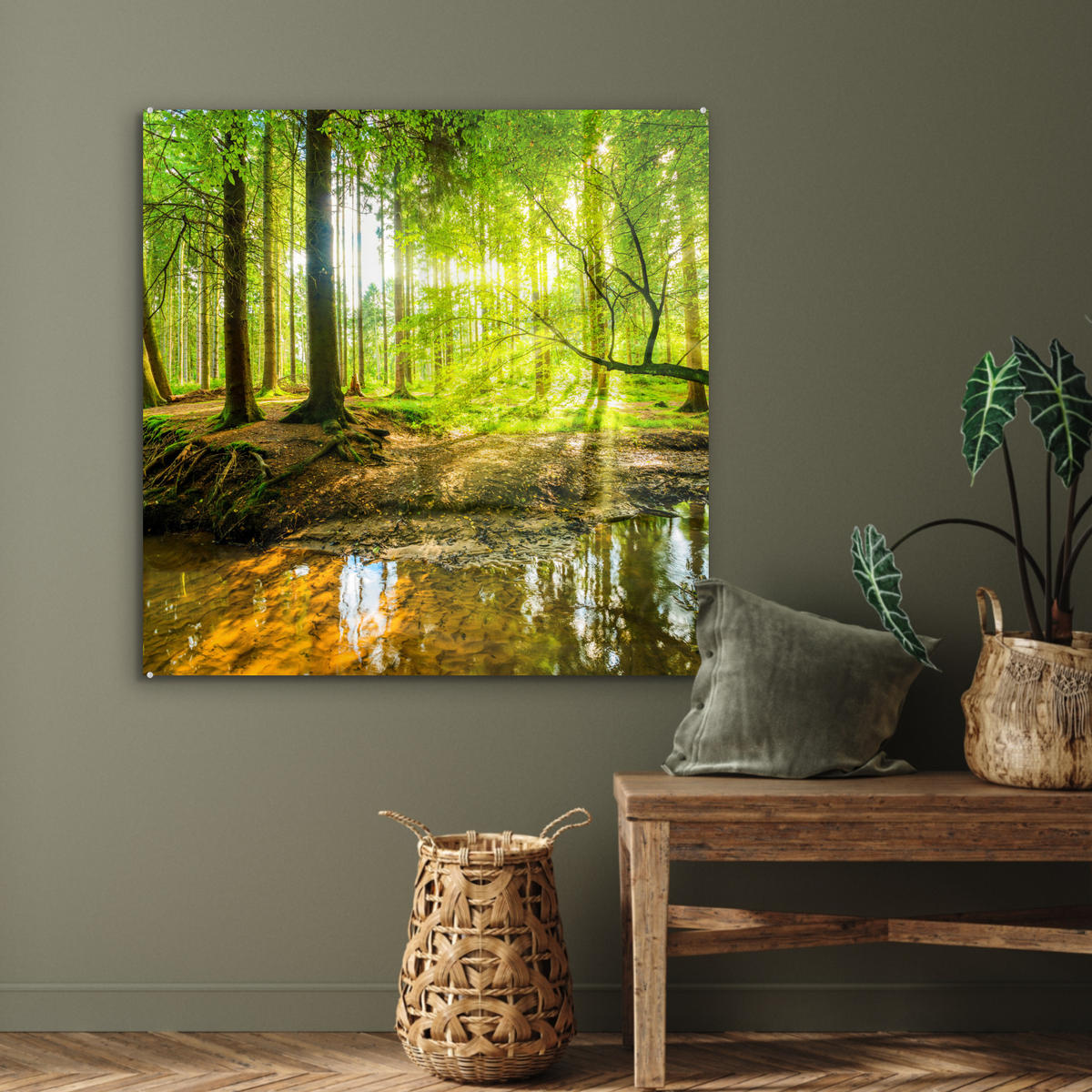 ACRYLGLASBILD Wald - Landschaft - Wasser - Bäume - Sonne - Grün - Natur 90x90 cm - Grün, Glas (90/90cm) - MuchoWow