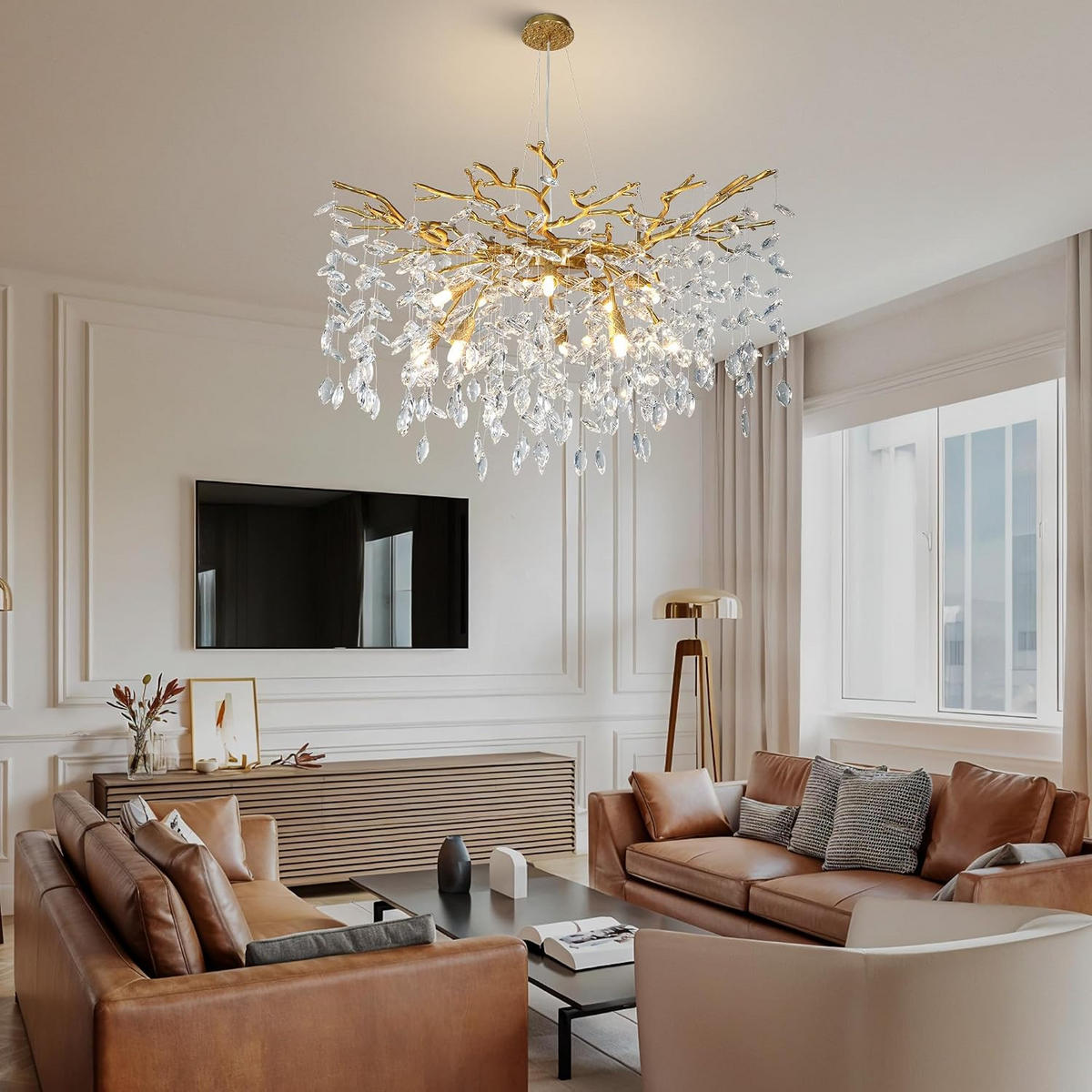 KRONLEUCHTER 76 cm K9‑Kristall Baumzweig Gold für Wohnzimmer und Schlafzimmer - Gelb, Naturmaterialien (74/39/29.5cm) - Surtime