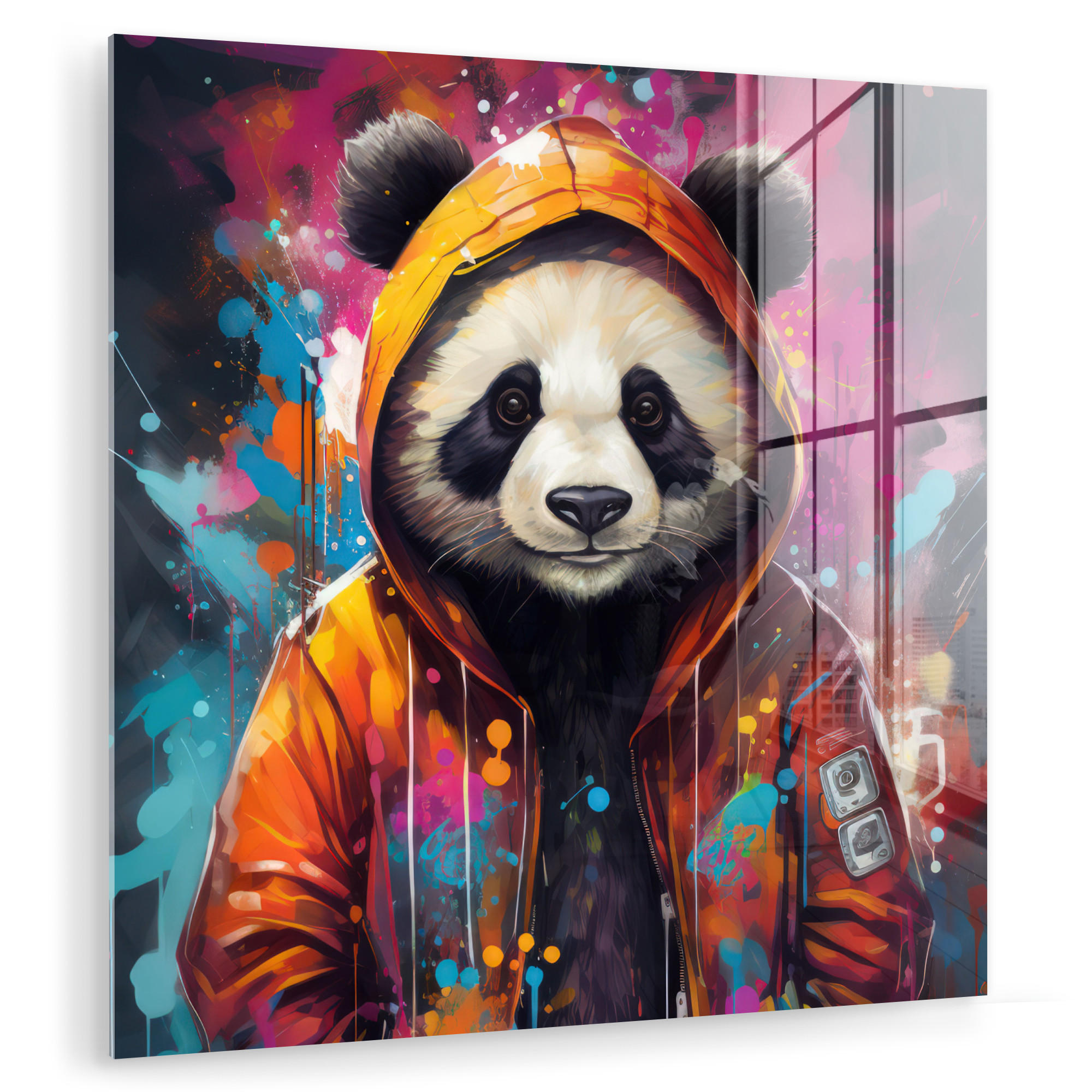 ACRYLGLASBILD Panda - Jacke - Graffiti - Orange 90x90 cm - Orange, Glas (90/90cm) - MuchoWow