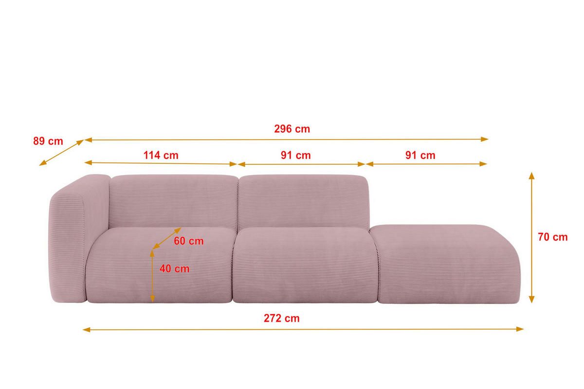 SOFA Ottomane Links MIRA-S3 296x89x70 Rosa Cord - Schwarz/Rosa, Holzwerkstoff/Kunststoff (296/70/89cm) - ALTDECOR