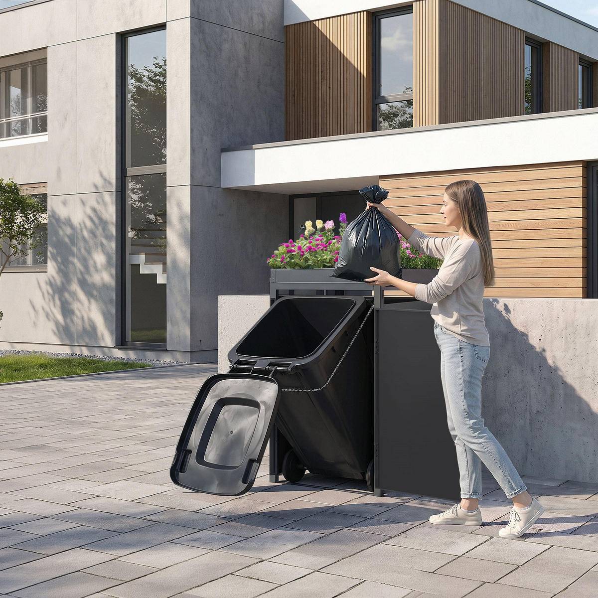 MÜLLTONNENBOX 1er mit Pflanzdach Anthrazit-Eichenoptik - Braun, Metall (68/124/80cm) - ML-DESIGN