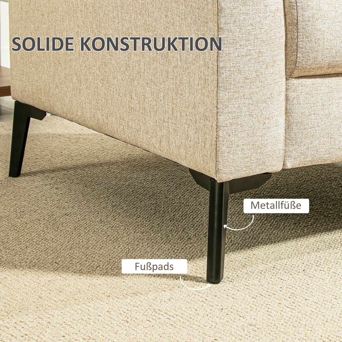 2 Sitzer Sofa, Couch mit Leinenoptik, Metallbeine, Polstersofa Doppelsofa - Beige/Schwarz, Textil/Metall (80/89/179cm) - HOMCOM