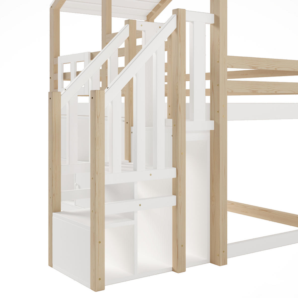 HOCHBETT 90x200cm Weiß + Natur Hausform Bettgitter Stauraumleiter - Weiß, Holz (90/200cm) - FLIEKS