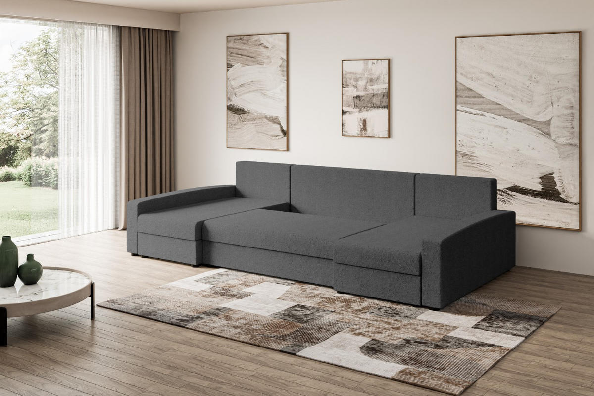 WOHNLANDSCHAFT mit Schlaffunktion und Bettkasten ALESIA-U 301x140x90 cm Grau Bouclé - Silberfarben/Grau, Holzwerkstoff/Kunststoff (301/90/140cm) - ALTDECOR