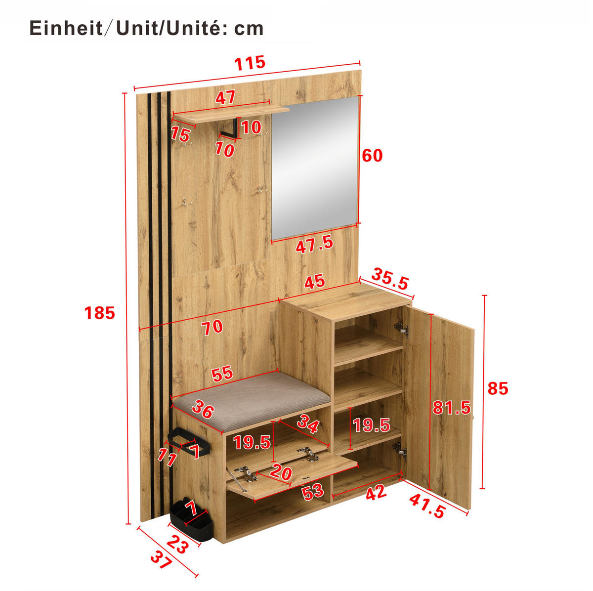 FLURGARDEROBE 115/37/185 cm aus MDF mit Spiegel und gepolsterter Sitzfläche Naturfarben mit Schwarz - Naturfarben, Holzwerkstoff (37/185/115cm) - Modenvie