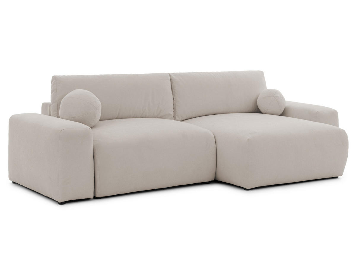 ECKSOFA Puffy mit Schlaffunktion und Bettkasten - besonders weich und puffig aus Beige Webstoff - Ottomane rechts - Beige/Schwarz, Holz/Kunststoff (266/138cm) - S-Style Möbel