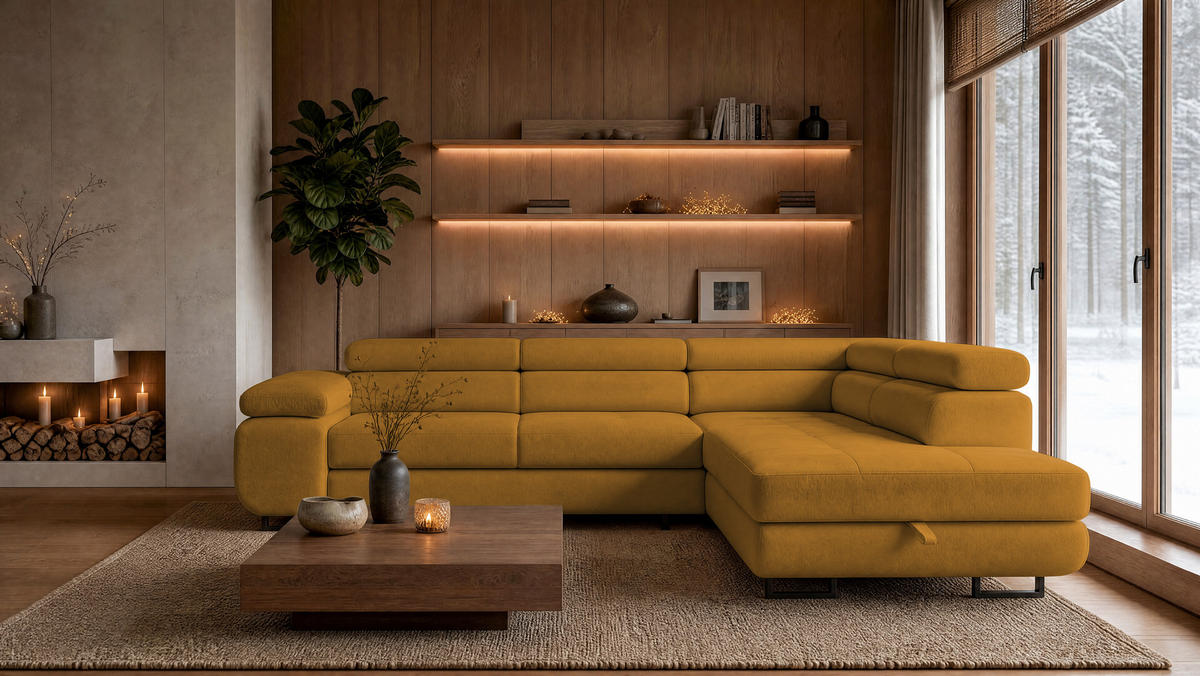 ECKSOFA Velmo mit Bettkasten und Schlaffunktion, verstellbaren Kopfstützen, in L-Form - Goldfarben, Textil (275/203cm)