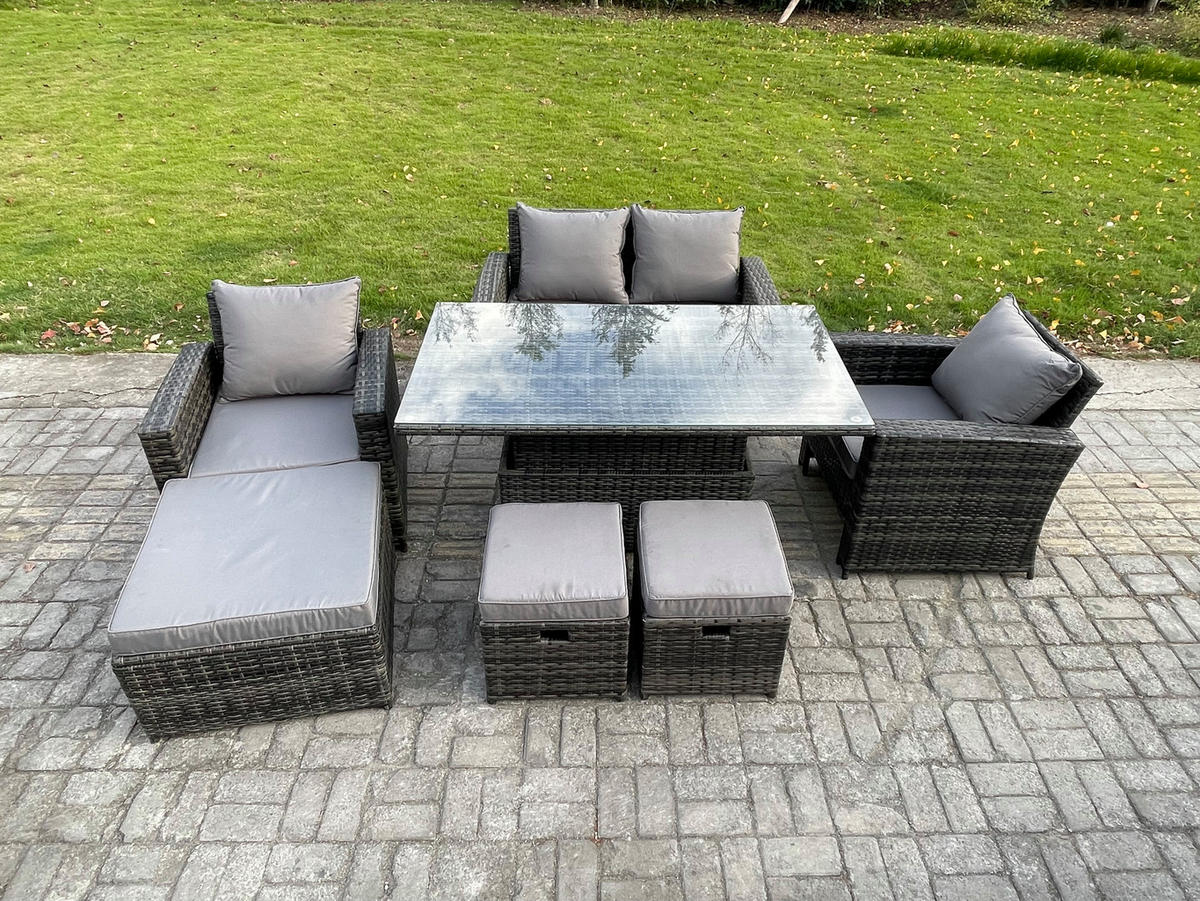 GARTENMÖBEL-SET mit Kissen Polyrattan Dunkelgrau 7-Sitzer - Dunkelgrau, Metall - Fimous