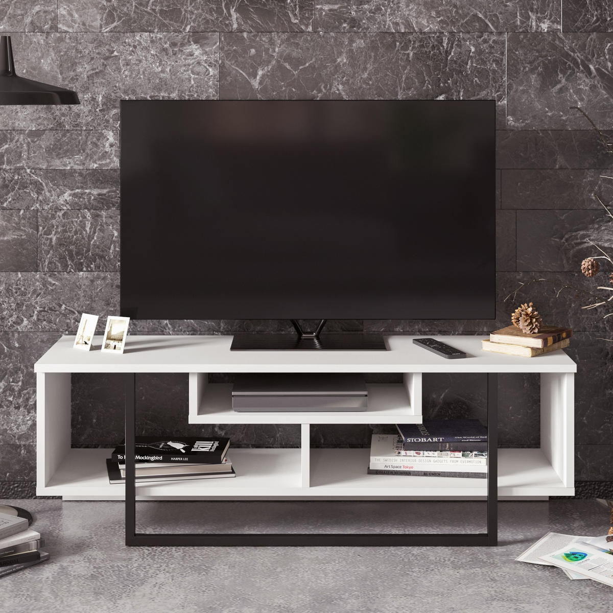 TV-ELEMENT Asal Weiss Schwarz Metall - Schwarz/Weiß, Holzwerkstoff (119.4/40/35.2cm) - Decorotika