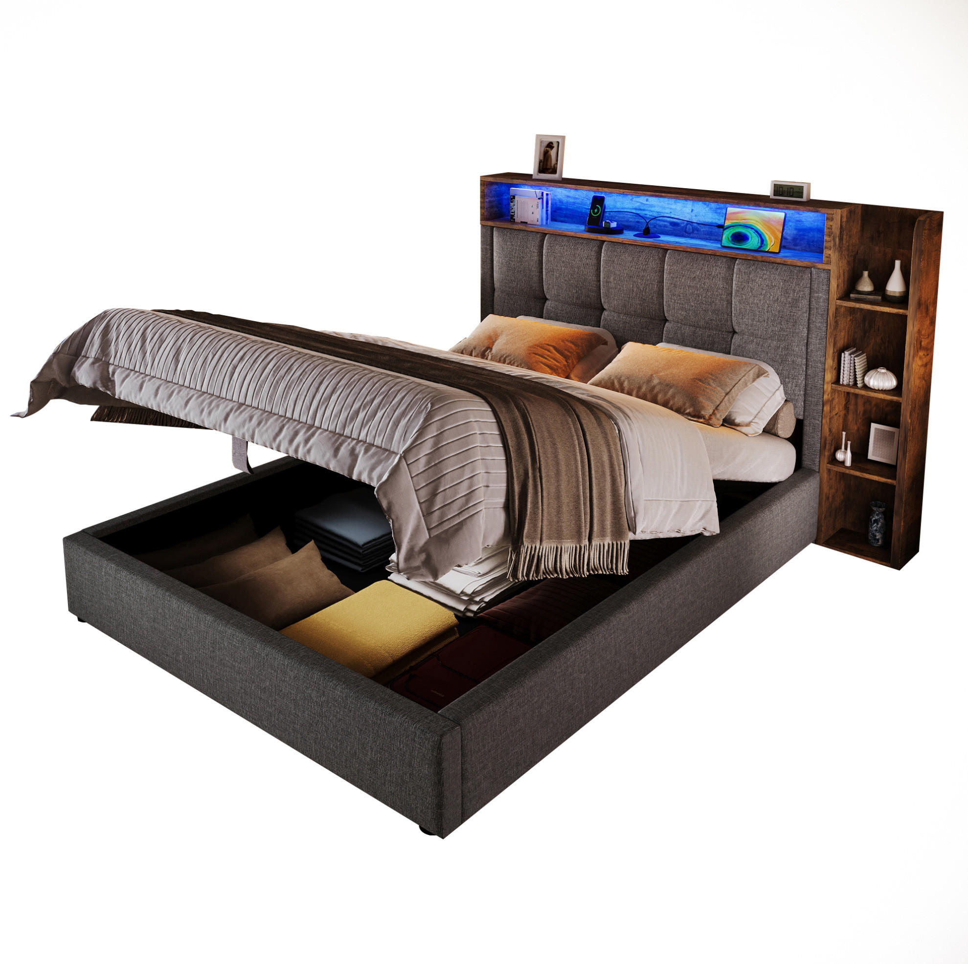 POLSTERBETT mit LED-Beleuchtung 90/200 cm mit Bettkasten & USB-C - Grau, Textil (90/200cm) - BEAOK