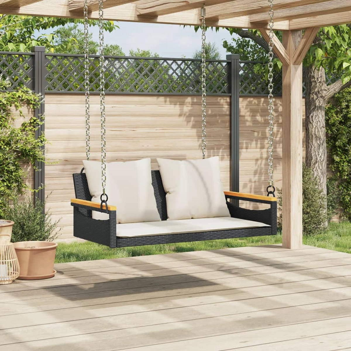 HÄNGEBANK mit Kissen Schwarz 109x62x40 cm Poly Rattan - Schwarz, Holz (109/40/62cm) - furnicato