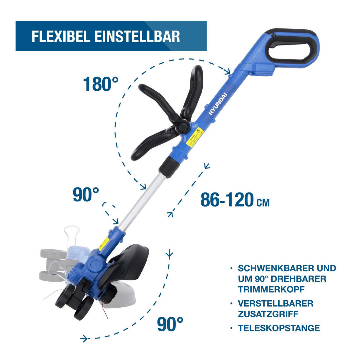 AKKU-RASENTRIMMER 20V 30 cm, dreh- und schwenkbarer Trimmerkopf, Teleskopstange & Kantenführungsrad – 2Ah-Akku und Ladegerät - Blau, Kunststoff (32/36.5cm) - HYUNDAI