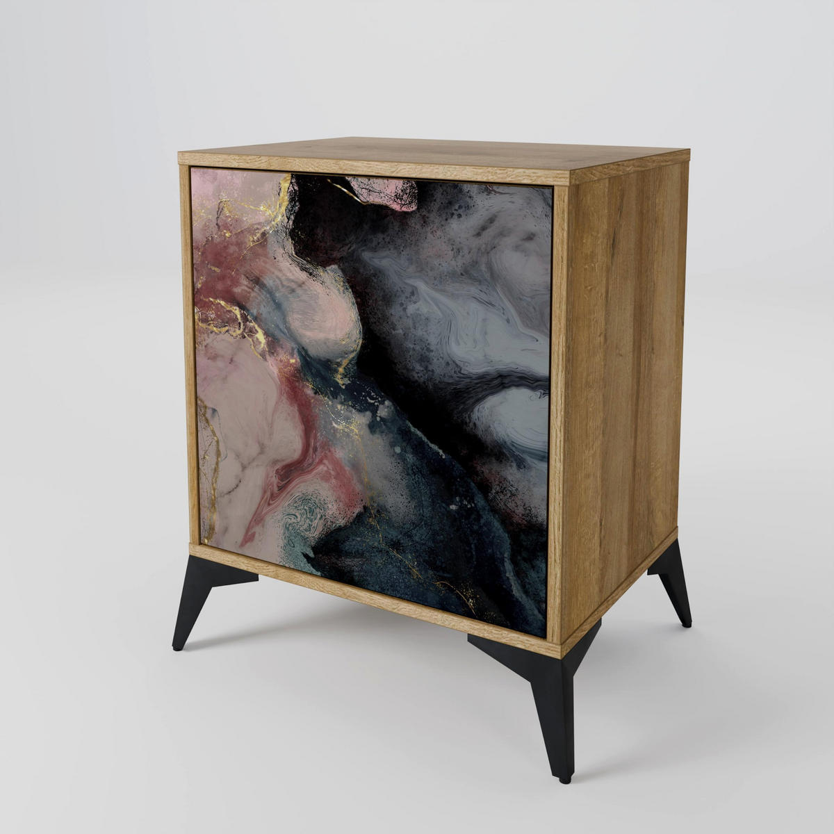 SIDEBOARD GILDED SWIRLS, Eichefarben, 57,5x42x67,5 cm, Schwarze Metall-Rahmenfüße - Eichefarben/Multicolor, Holzwerkstoff/Metall (57.5/67.5/42cm) - SpaceRebels