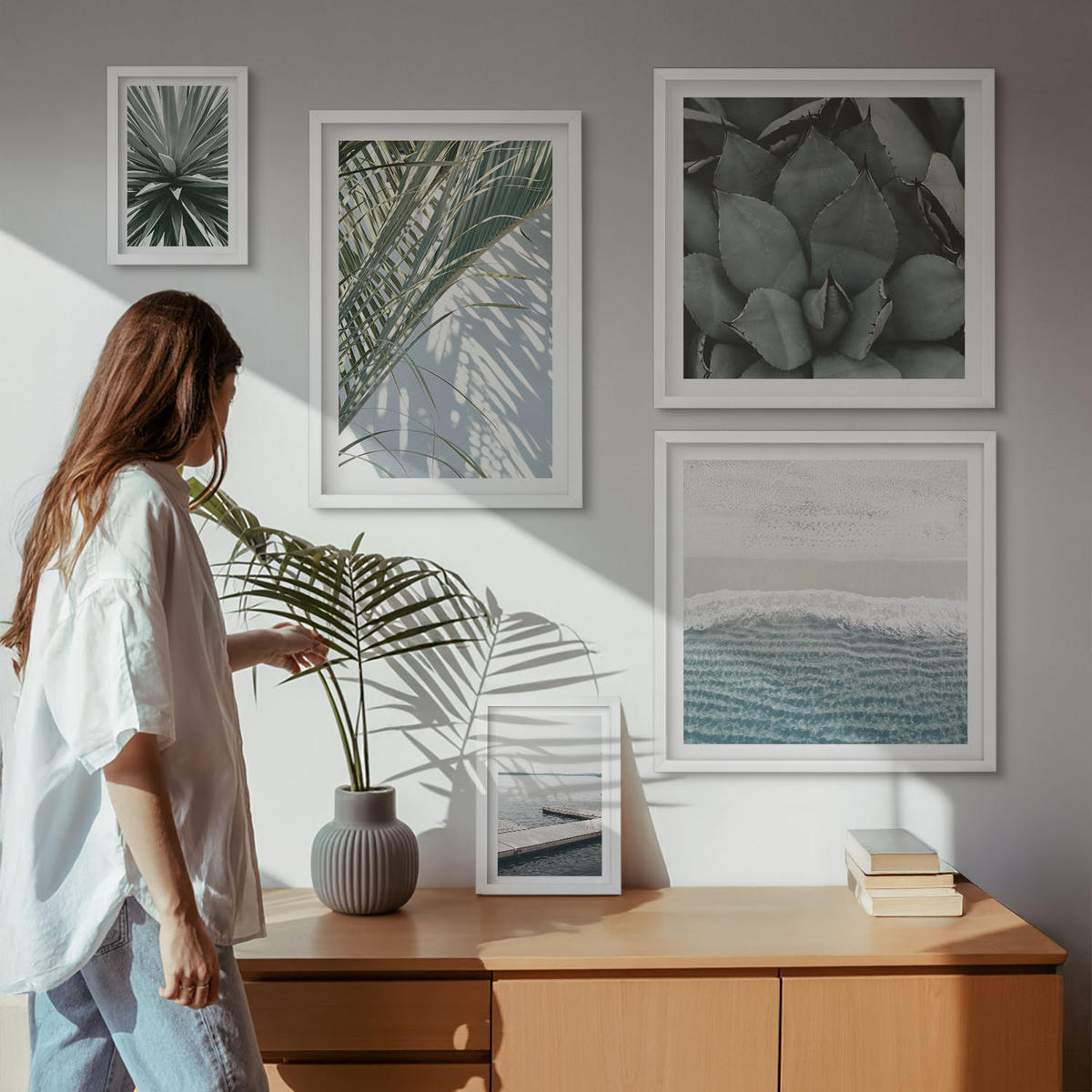 WANDBILDER 5er-Set - 50x50 cm & 20x30 cm & 40x60 cm Weißer Rahmen - Hängebrücke aus Palmenblättern - Weiß, Kunststoff (40/60cm) - ArtPrintCave