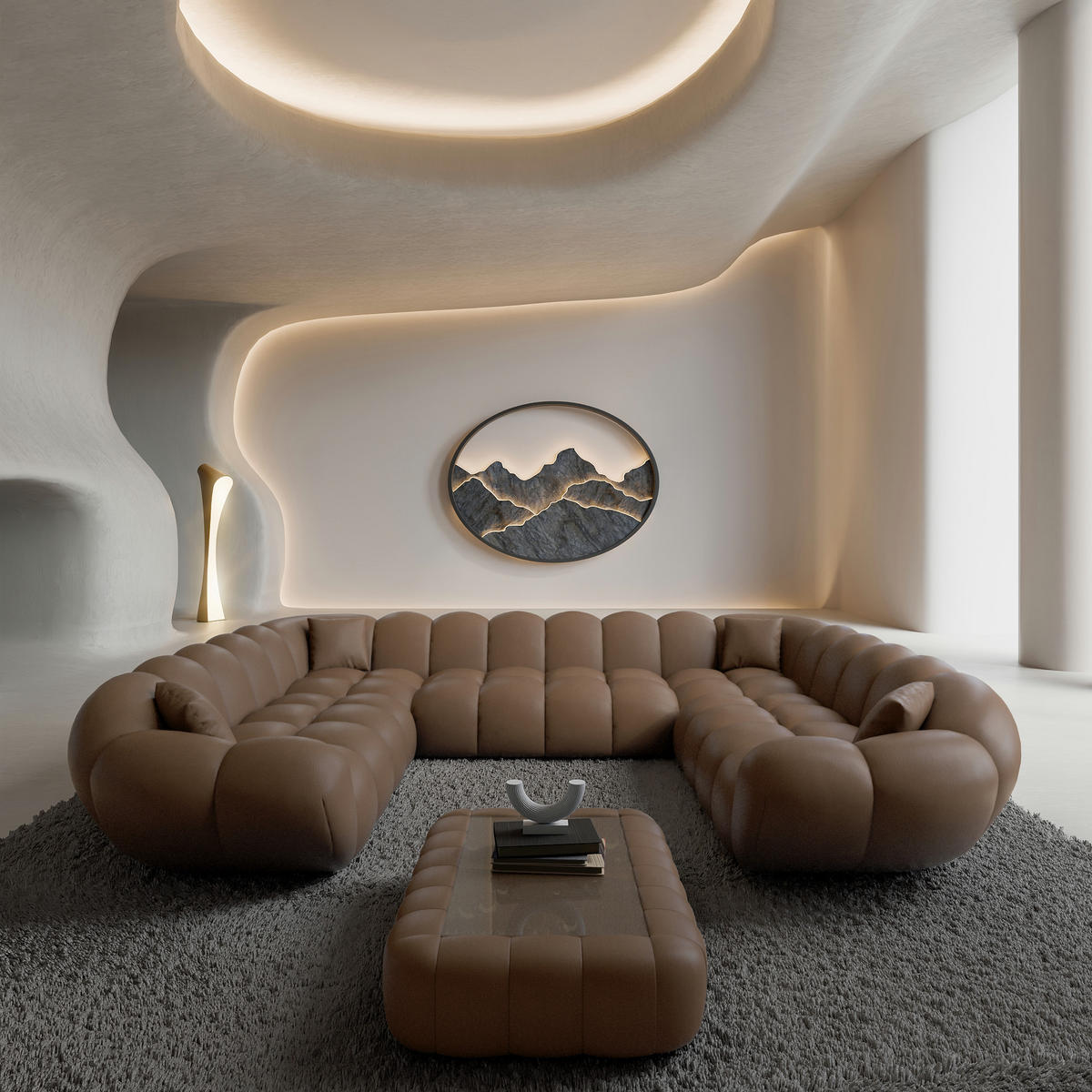 WOHNLANDSCHAFT Liva Braun Kunstleder U-Form XXL Panorama - Braun, Kunststoff (316/70/258cm) - VAROYAL