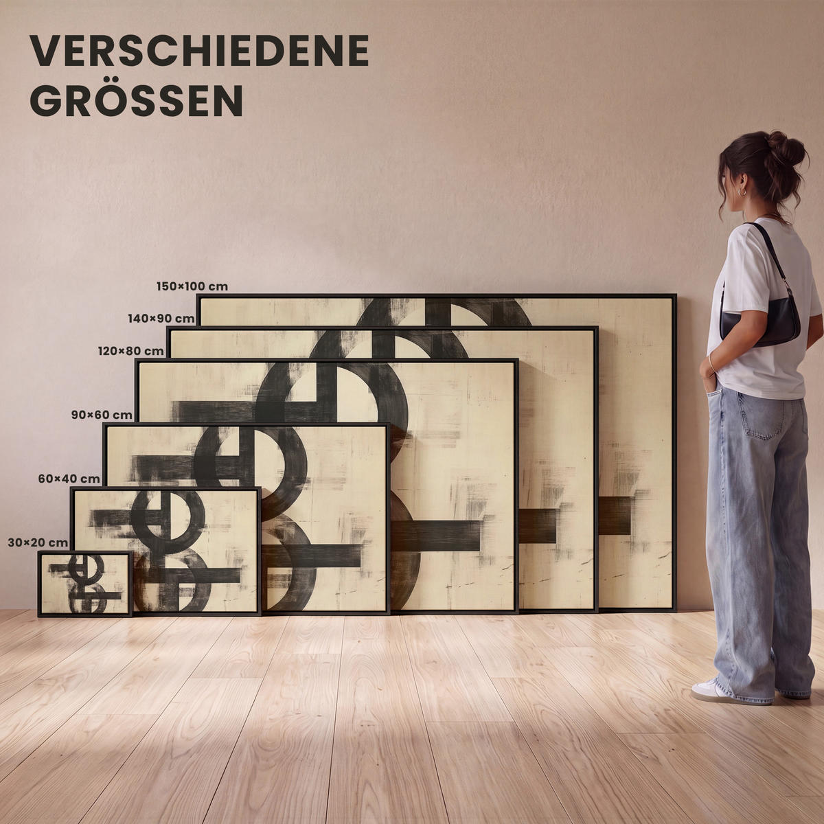 LEINWAND Bilder mit Rahmen - Kreise - Balken - Schwarz - Abstrakt - 150x100 - Schwarz, Textil (150/100cm) - MuchoWow