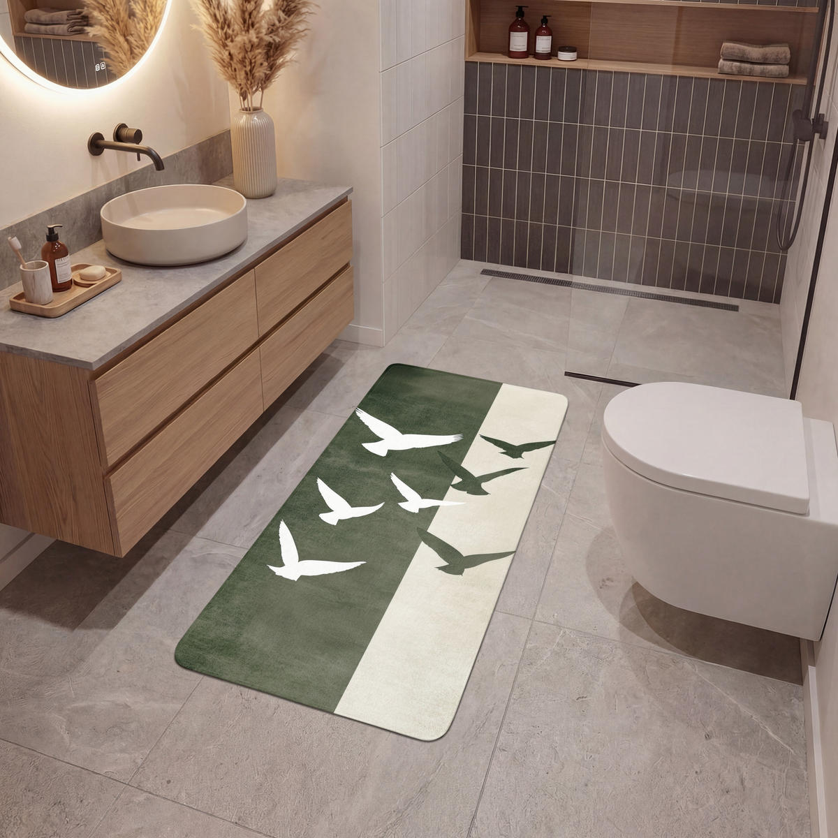 KOUPELNOVÁ PŘEDLOŽKA Japandi - Pták - Zelený 60x120 cm - olivově zelená, textil/plast (60/120cm)