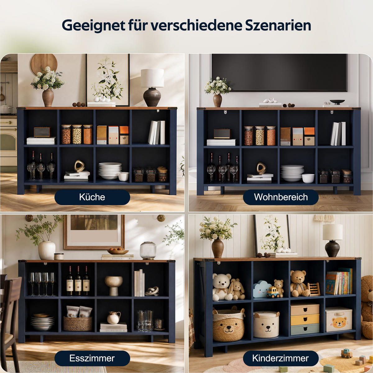 SIDEBOARD DE-38761 140/34/75 cm 8 Staufächer Blau/Holzoptik - Blau, Holzwerkstoff (140/75/34cm) - ComfortXL