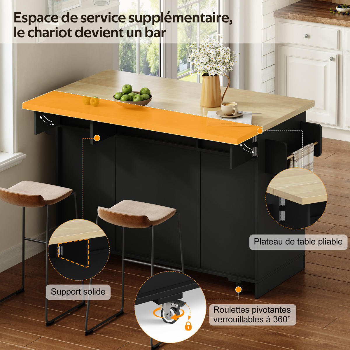 SERVIERWAGEN in Schwarz Kücheninsel mit klappbarer Arbeitsplatte und Rollen für Küchen, B120/T45 (70)/H87cm - Schwarz, Holzwerkstoff (120/87/70cm) - STILVORA