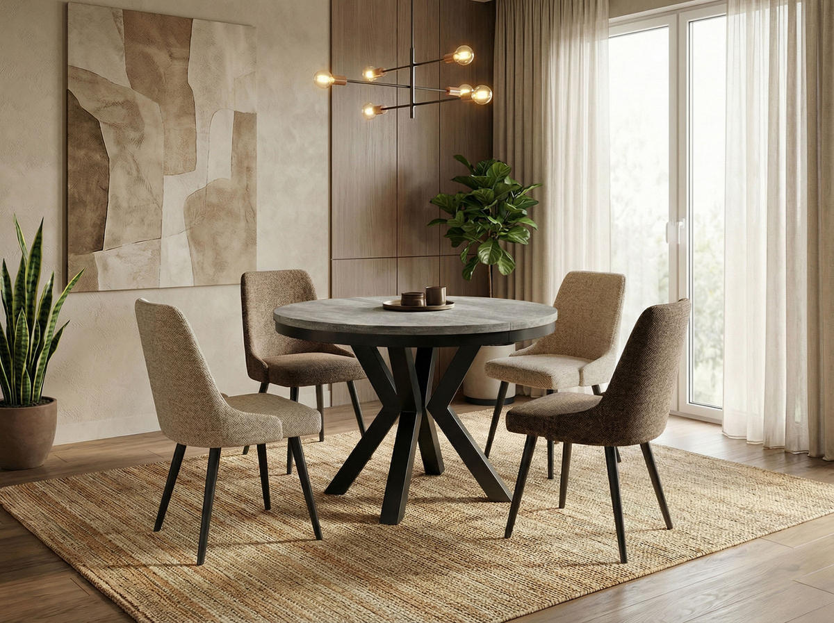 ESSTISCH Clara runder ausziehbarer, Grauer Beton 100-180/100/76 cm - Hellgrau/Schwarz, Holzwerkstoff/Metall (100/100/76cm) - WFL GROUP