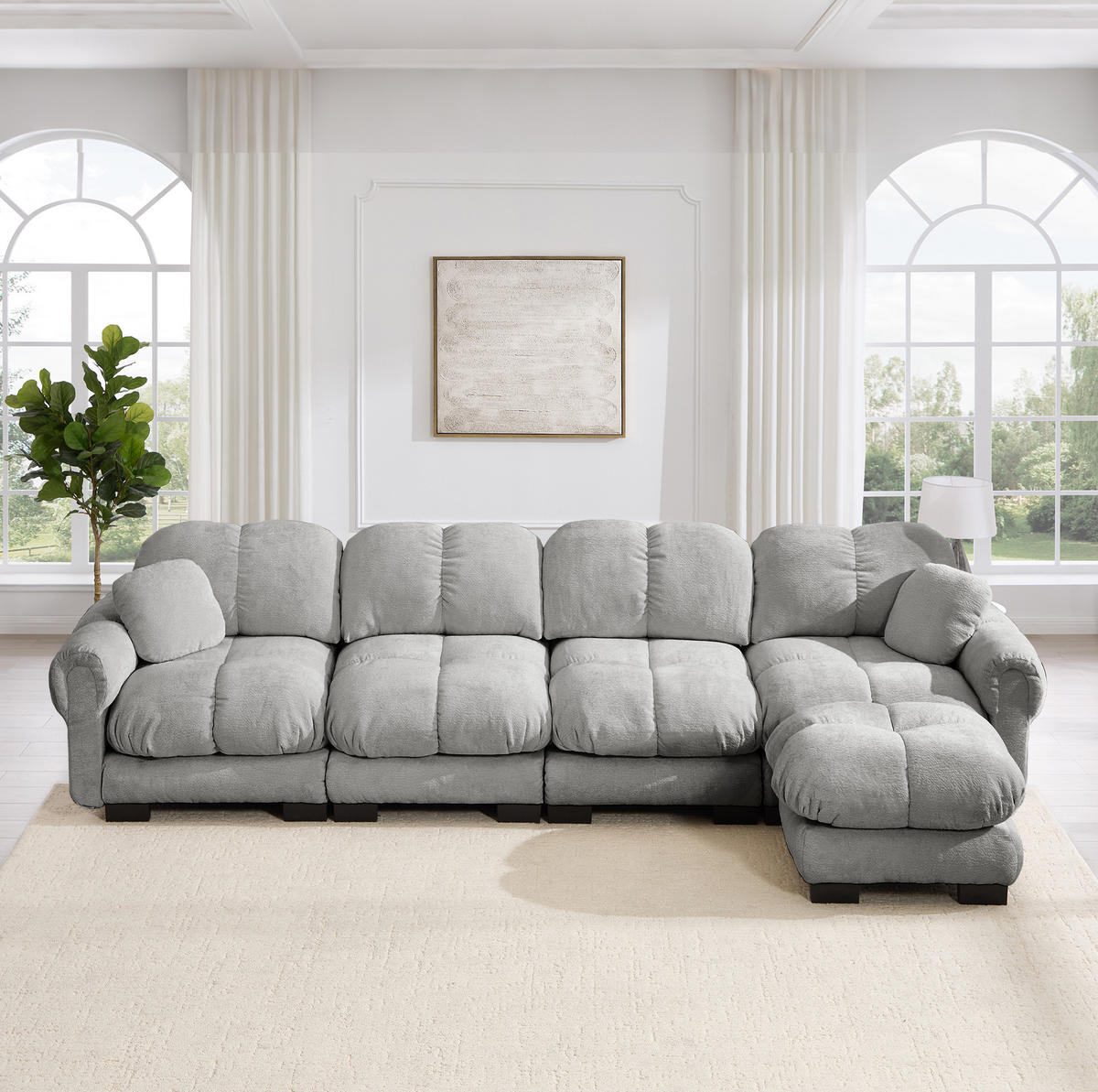 SOFA 330/149/90 cm in Hellgrau aus Chenille mit modularer Ottomane - Hellgrau, Textil (149/90/330cm) - Flora Grace
