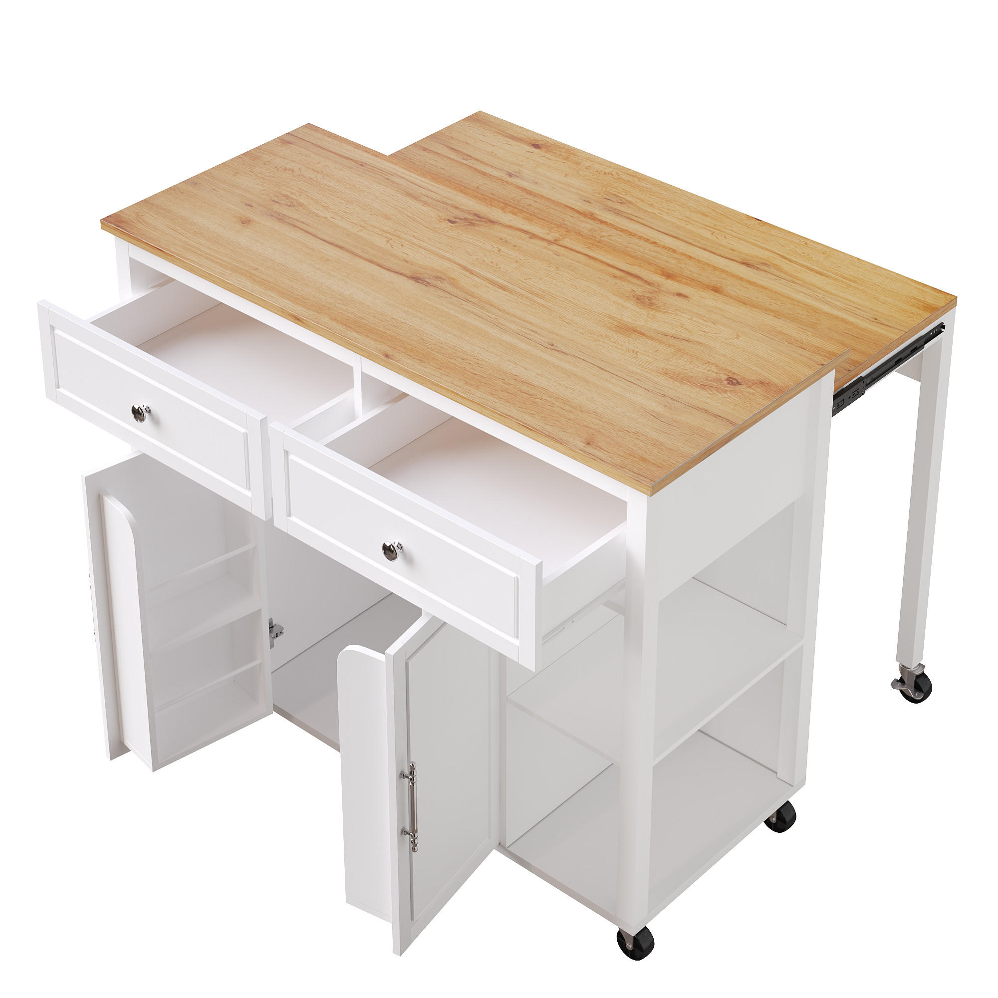 KÜCHENINSEL mit Rollen 120/81,5/92 cm Holzoptik mit Klappplatte, 2 Schubladen und verstellbaren Böden - Weiß, Holz/Holzwerkstoff (120/92/81.5cm) - Oxeza