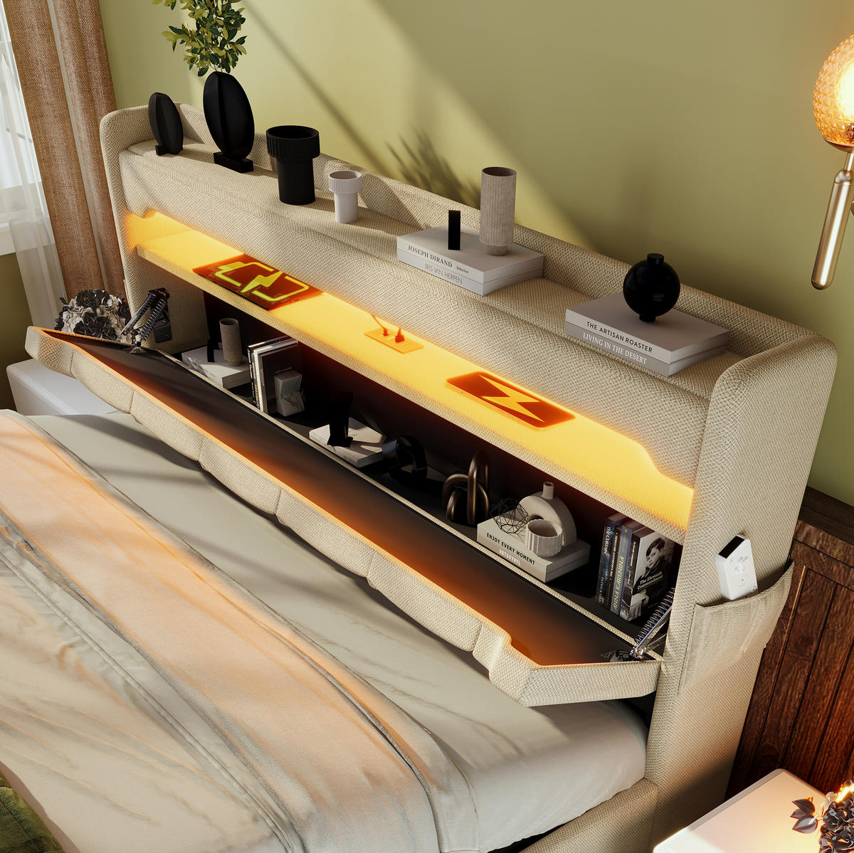 POLSTERBETT mit LED-Beleuchtung 140/200 cm in Beige mit Bettkasten & USB - Beige, Textil (140/200cm) - BEAOK