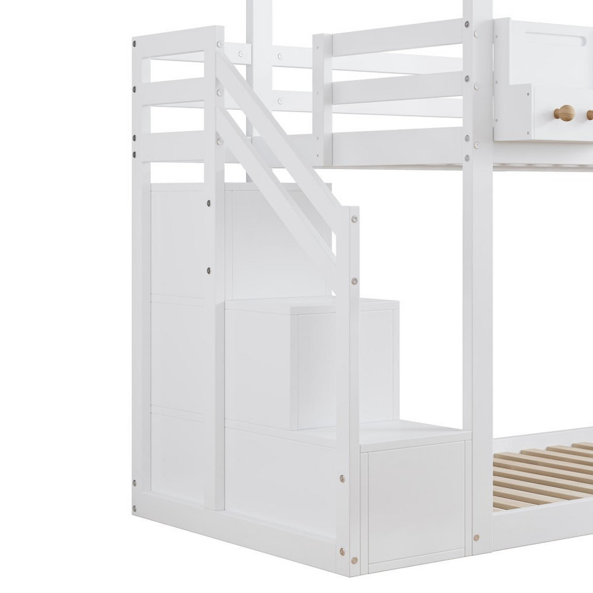 ETAGENBETT 90x200cm in weiß mit mit Treppe, Fenster und Regalkasten - Weiß, Holz (90/200cm) - KOMHTOM