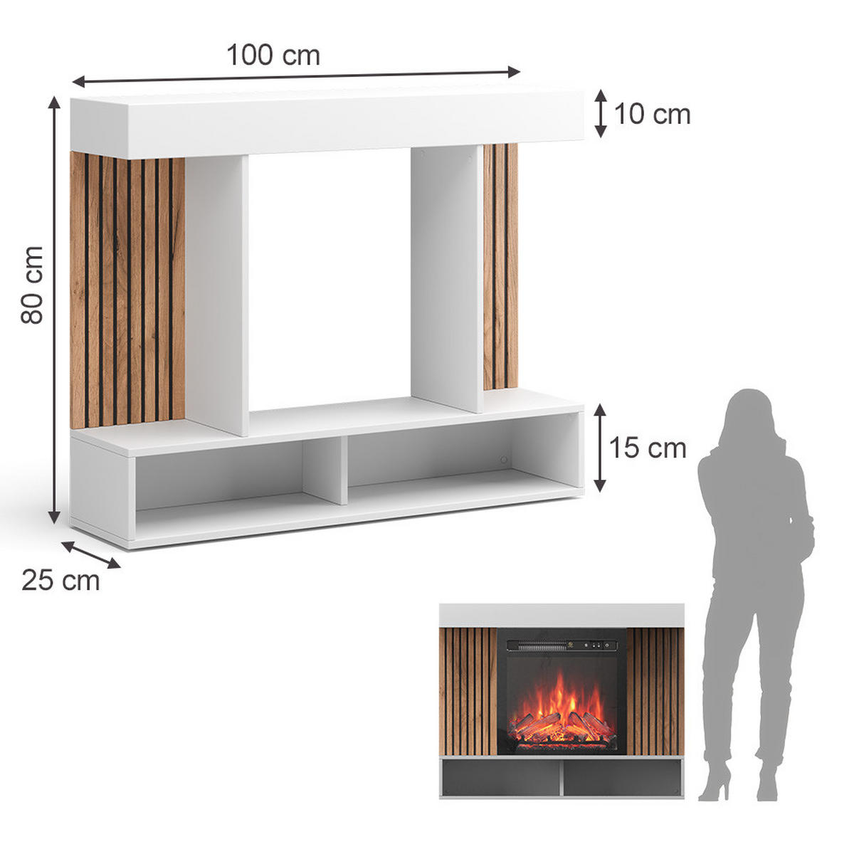 ELEKTROKAMIN Lynea Weiß 100 cm mit realistischem Flammeneffekt und Heizung 1800W - Weiß, Holzwerkstoff (100/80/25cm) - Vicco