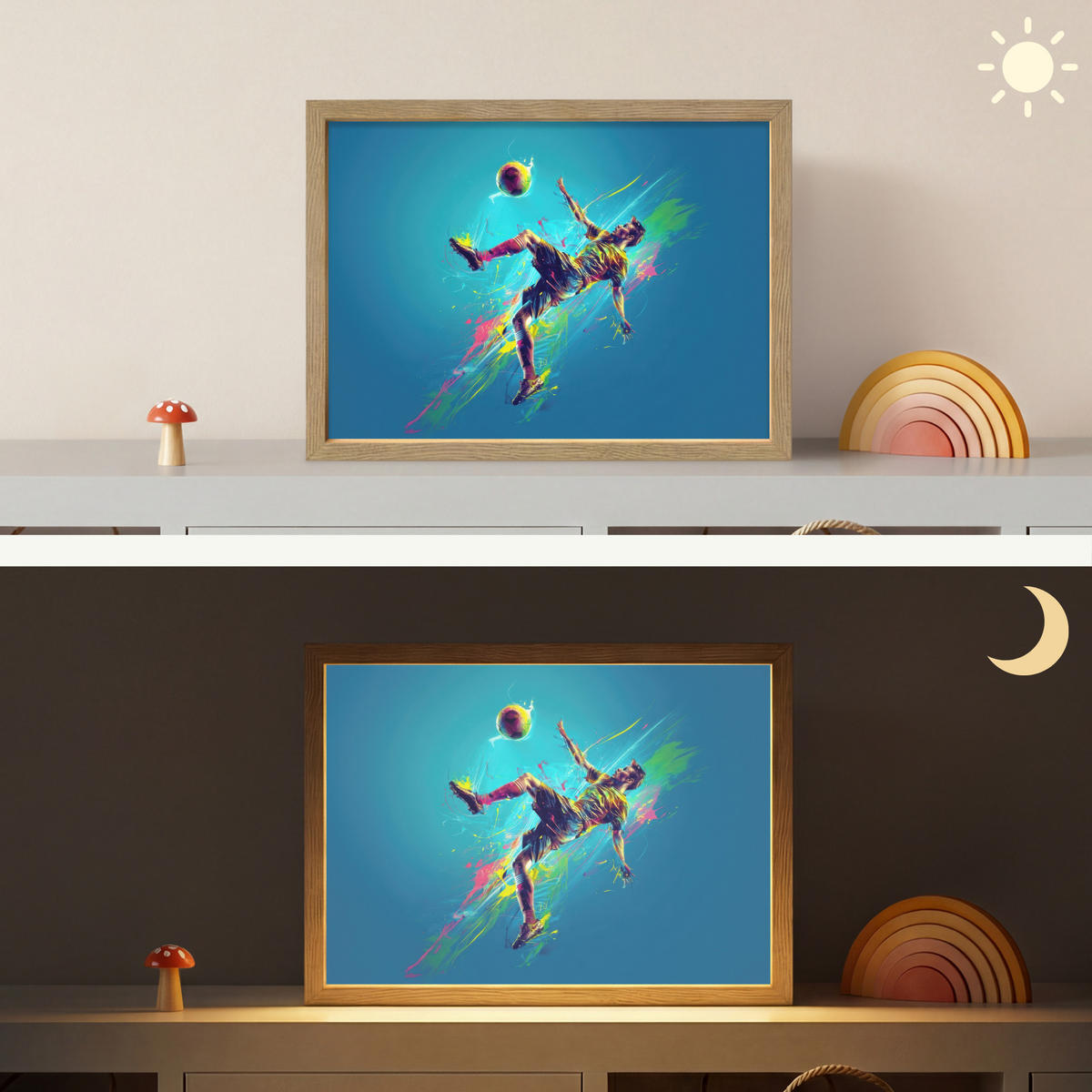 NÁSTĚNNÁ LAMPA S AKUMULÁTOREM Fotbalista - Stříkající barva - Barevné - Míč 40x30 cm - modrá, kompozitní dřevo (40/30/8cm) - OnlyWow