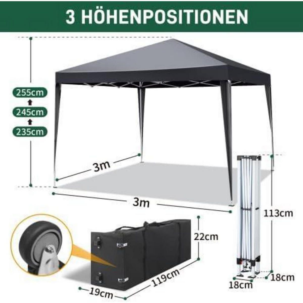 FALTPAVILLON 3 x 3 m Dunkelgrau Wasserdicht UV Schutz - Anthrazit, Metall (255/300/300cm)
