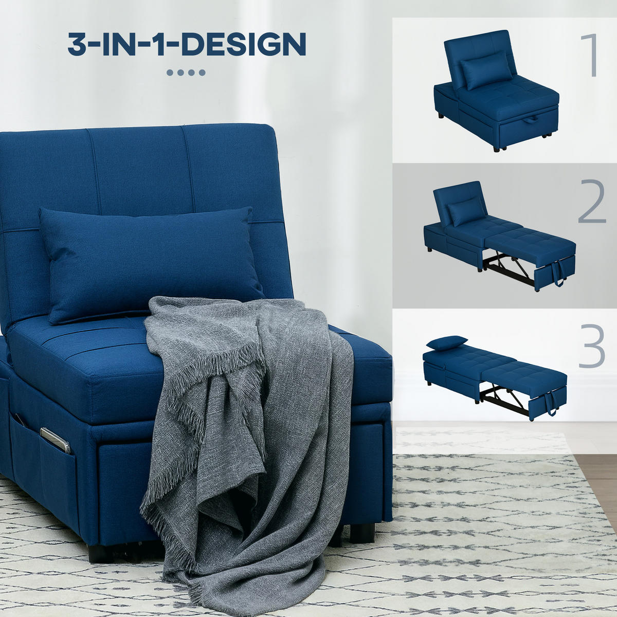 SCHLAFSESSEL 3-in-1, mit Bettfunktion, Blau - Blau, Textil (65.5/81/104cm) - HOMCOM