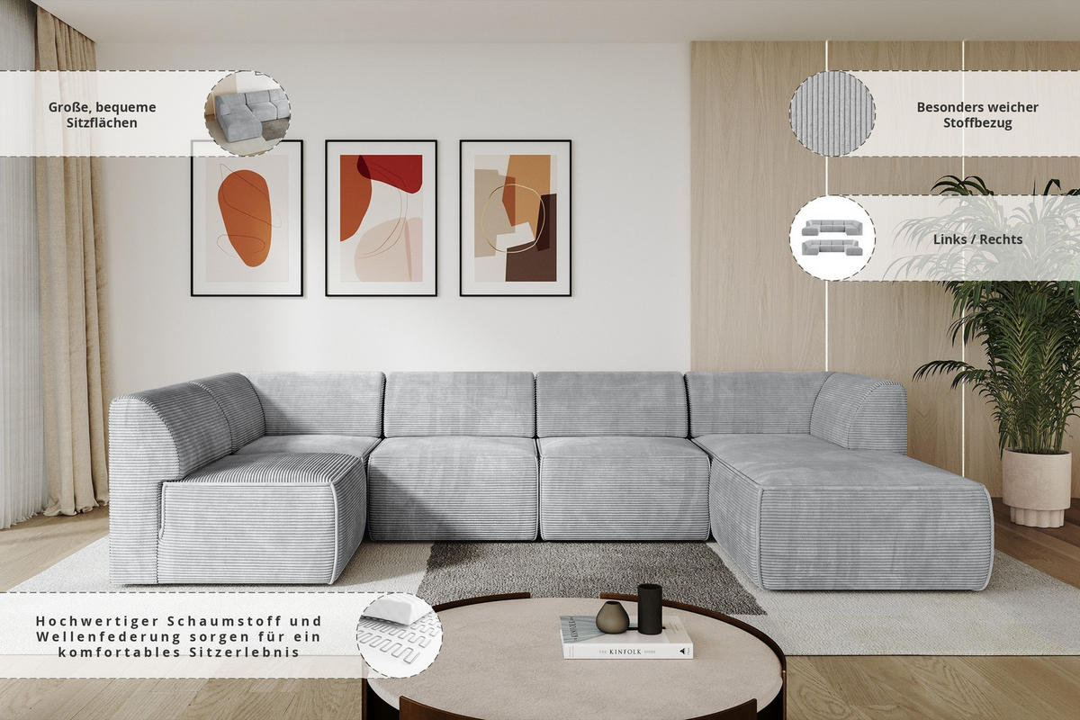 WOHNLANDSCHAFT Ottomane Rechts MOVA 345x180x78 Grau Cord - Schwarz/Alufarben, Holzwerkstoff/Kunststoff (345/78/180cm) - ALTDECOR