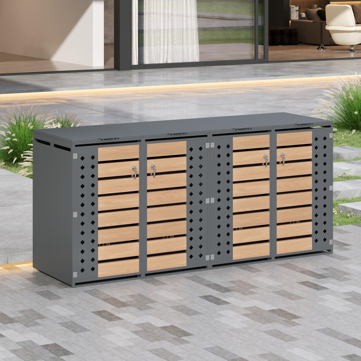 MÜLLTONNENBOX aus Stahl in Grau/Holzoptik mit hydraulischem Klappdeckel 264x80x118,5 cm - Grau, Metall (264/118.5/80cm) - Modfu