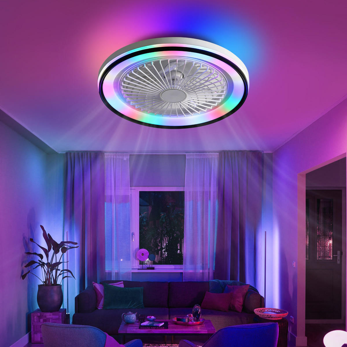 DECKENVENTILATOR 19Zoll Flach RGB LED Licht DC Motor Timer - Weiß, Kunststoff (48.26/48.26/12.7cm) - CASIVA