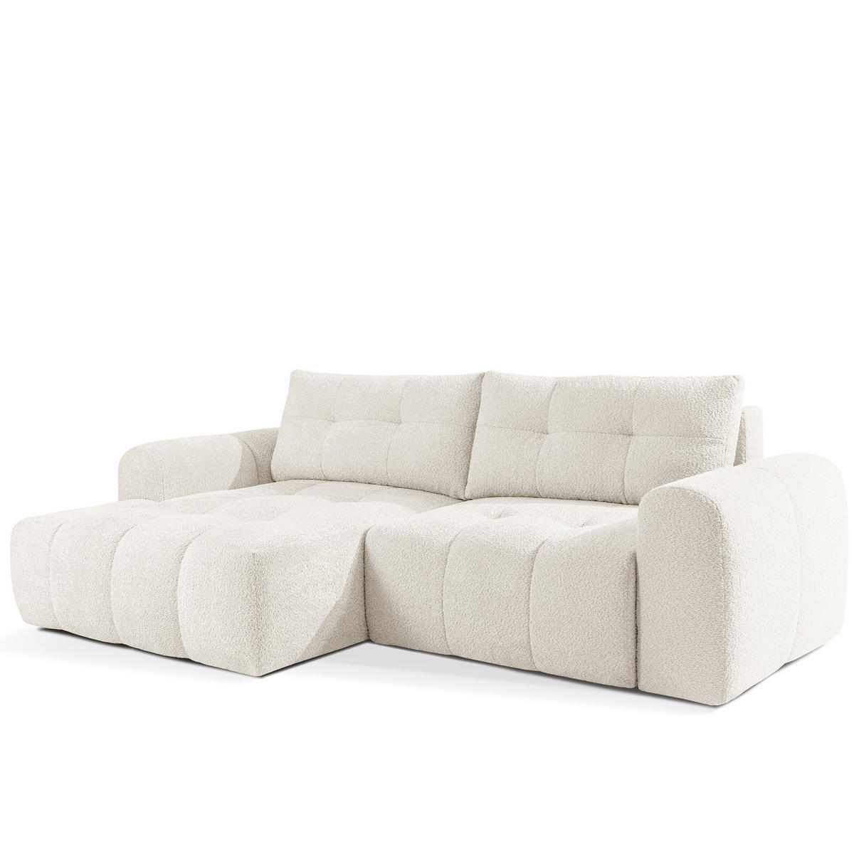 ECKSOFA LINKS RAVIA, Bouclé, Weiß - Weiß, Holz/Textil (256/104cm) - KONSIMO®
