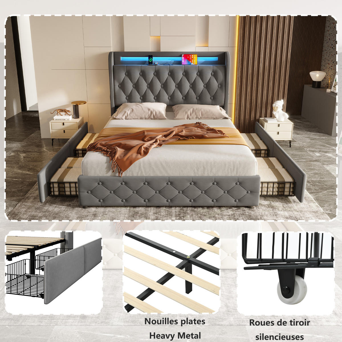 POLSTERBETT 140x190 cm LED USB Schubladen Samt - Grau, Textil (140/190cm) - LEBENLANG